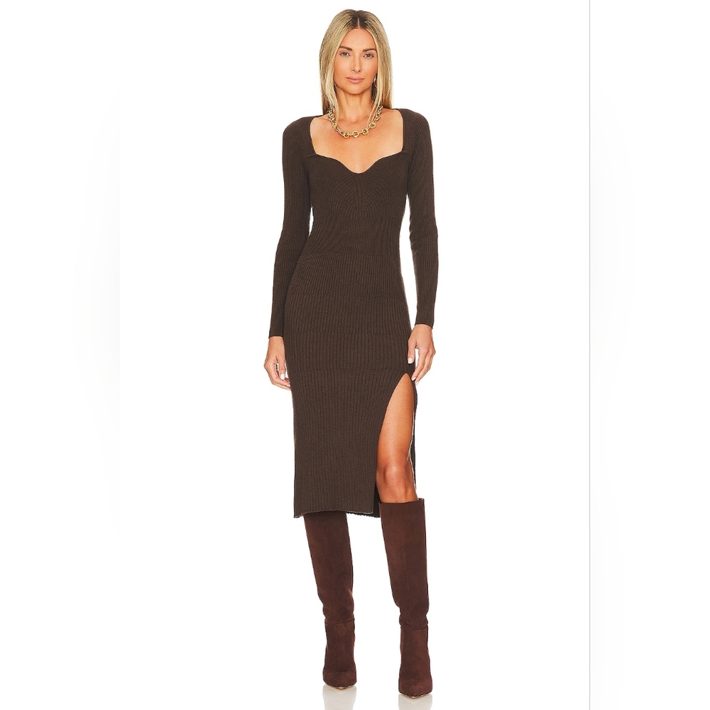 Skin Mariana Long Sleeve Ribbed Knit Dress in Brazil Nut Brown Small Cashmere